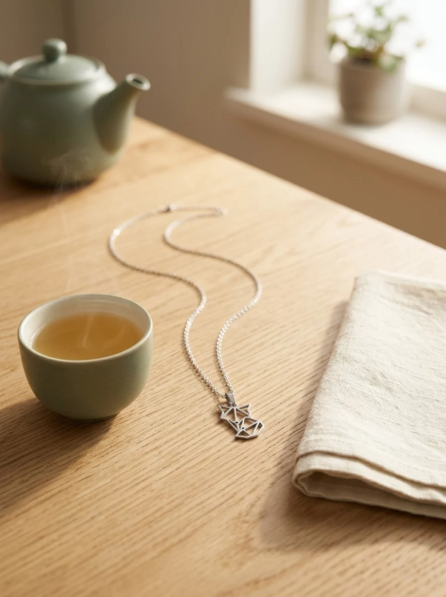 El colgante Gaman en plata sobre una mesa de madera, junto a una taza de té