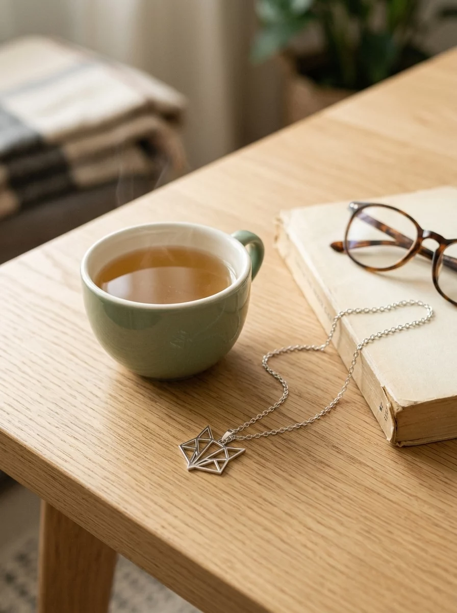 El colgante Gaman en plata sobre una mesa, junto a una taza de té y un libro