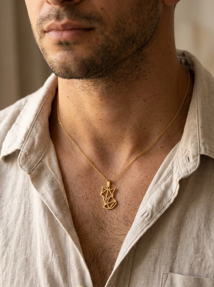 Hombre con el colgante Gaman en oro sobre camisa de lino